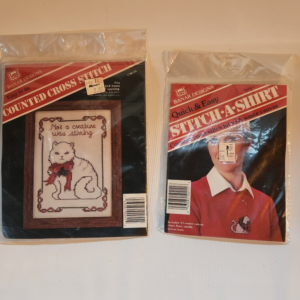 Lot of 2 Vintage Banar Designs Easy Counted Cross Stitch Christmas Cats New